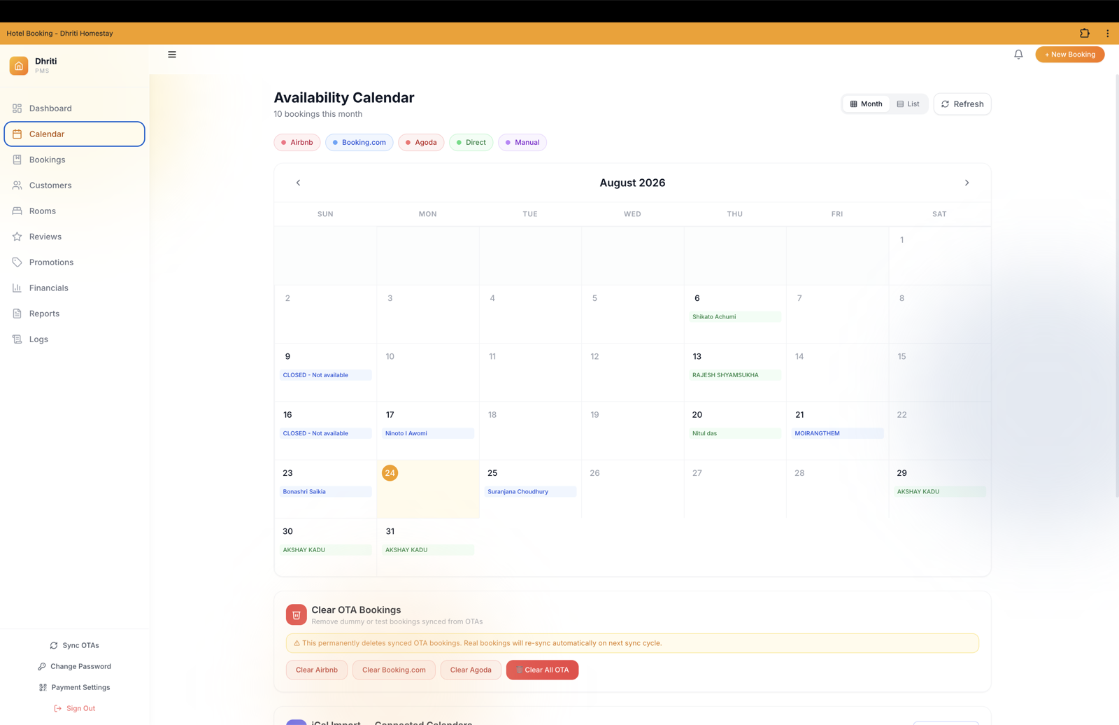 Calendar — every OTA and direct booking on one grid