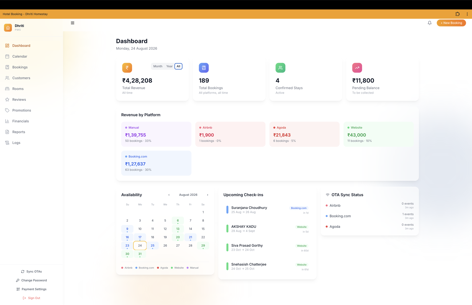 Dashboard — bookings, revenue and occupancy at a glance